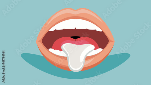  A closeup of a persons tongue with a thin layer of white coating indicating a Vata dosha imbalance.