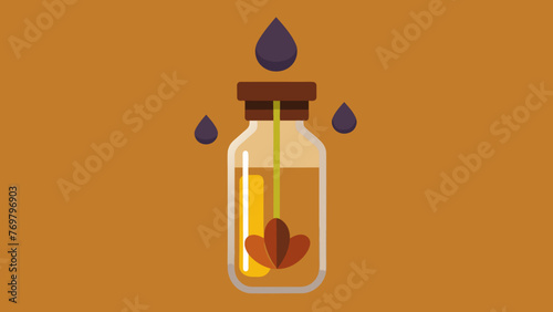  A small glass vial holding drops of potent herbal tincture made from a blend of ginseng astragalus and reishi mushrooms. photo