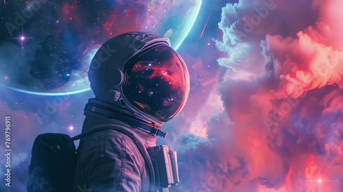 astronaut in profile looking at the universe with many colors