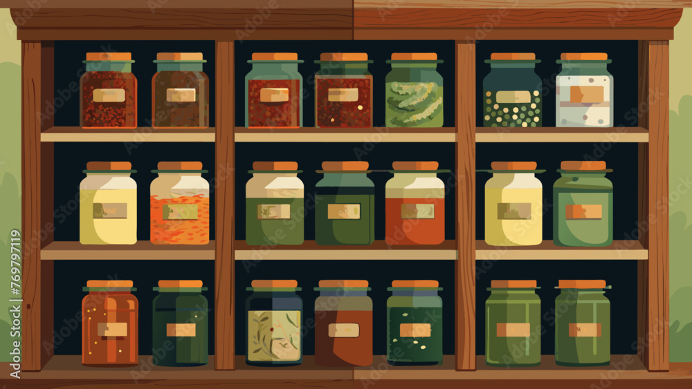  Closeup of a wooden cabinet filled with neatly labeled jars of dried herbs each with its own unique healing properties.