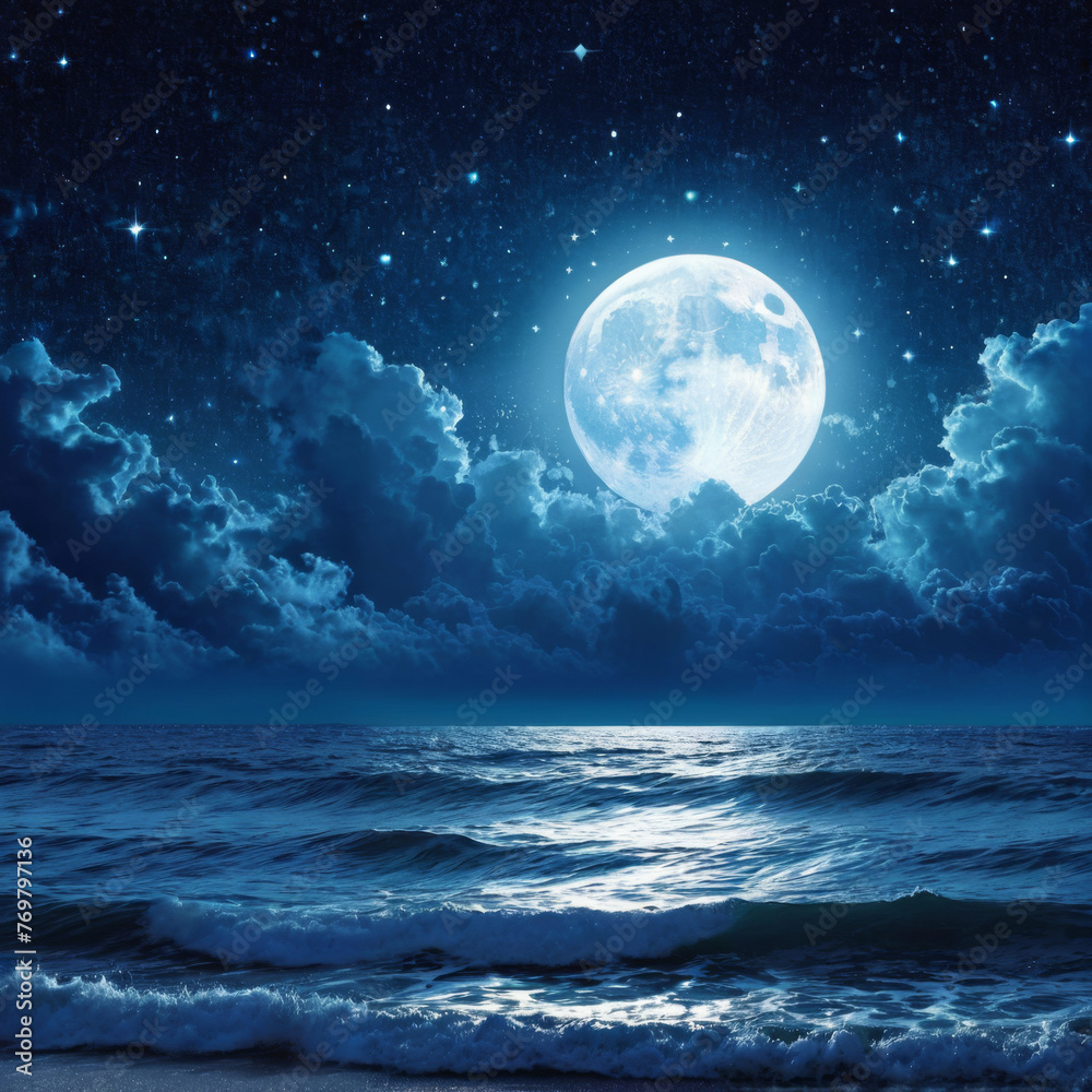 Full Moon Shining Over Ocean. Generative AI Full Moon Shining Over Ocean. Generative AI