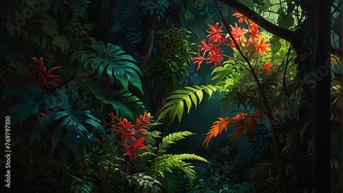 Nighttime Tropical Jungle with Vibrant Greenery and Diverse Tree Species