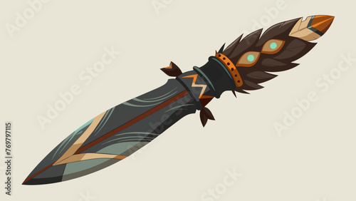  A beautifully carved obsidian blade wrapped in leather and adorned with feathers used for ceremonial ting and letting.