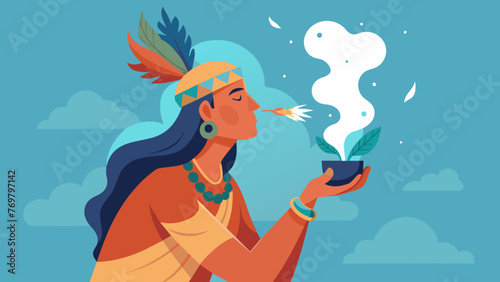  A shot of the shaman blowing sacred tobacco into the air while offering prayers and blessings for the participants. The smoke rises and