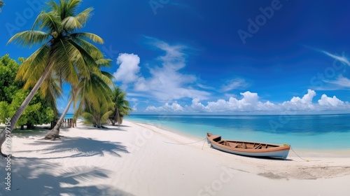 Panorama beautiful beach with white sand, turquoise ocean, and blue sky with clouds on a Sunny day. Summer tropical landscape with green palm trees and Straw umbrellas with empty copy space.