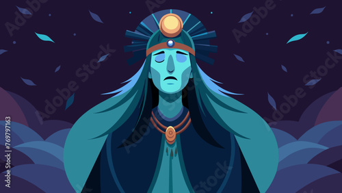  With his eyes closed and his head bowed the shaman chants softly his voice carrying a mysterious and ancient melody.