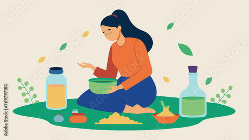  A woman sits on a woven mat surrounded by jars and bottles filled with various liquids and herbs. She carefully mixes and pours the ingredients