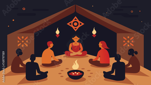  The walls of a small hut are covered in intricate paintings and symbols illuminated by the light of a single candle. A group of people sit on