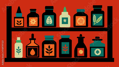  A shelf filled with jars and bottles each containing a different type of herbal remedy. The labels are written in a blend of foreign languages