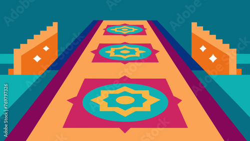  The floor is covered in soft woven rugs embroidered with sacred symbols. Each rug seems to tell a different story through its vibrant colors and