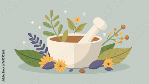  A mortar and pestle gently crushing dried herbs and flowers to create a powder that will be blended with essential oils to make a healing salve.