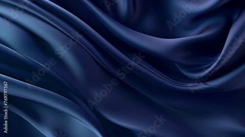 Silk satin fabric. Navy blue color. Abstract dark elegant background with space for design. Soft wavy folds. Drapery. Gradient. Light lines. Shiny. Shimmer. Glow.Template - generative ai