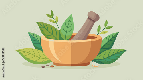  A mortar and pestle filled with dried herbs and es ready to be ground into a fragrant and theutic blend for healing remedies.