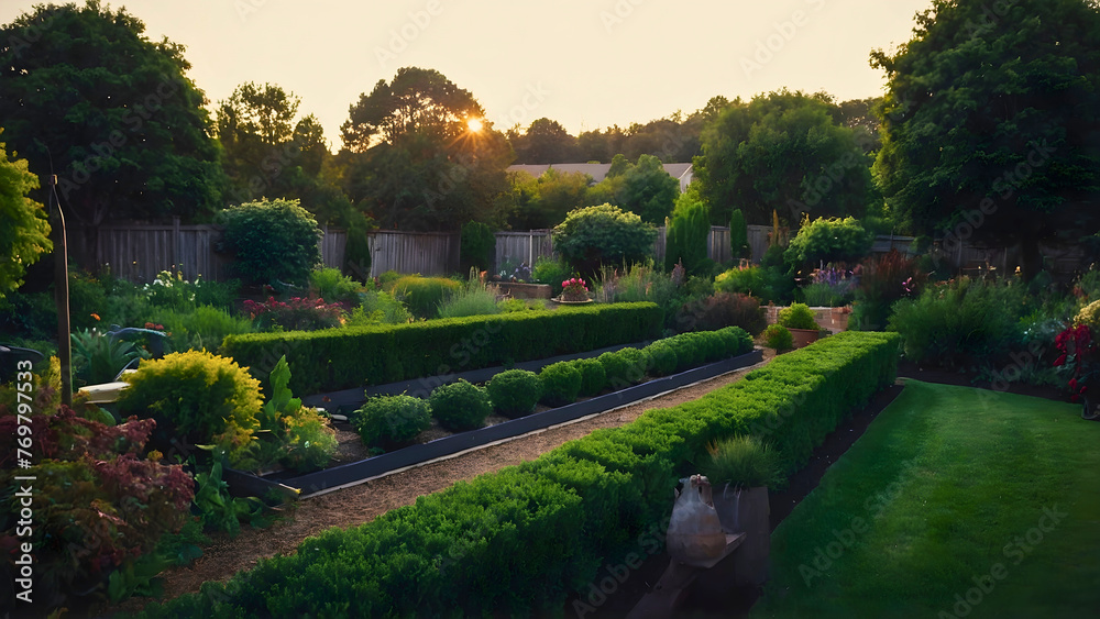 A garden that exudes diverse plant life, while in the background the sun descends under the fence.