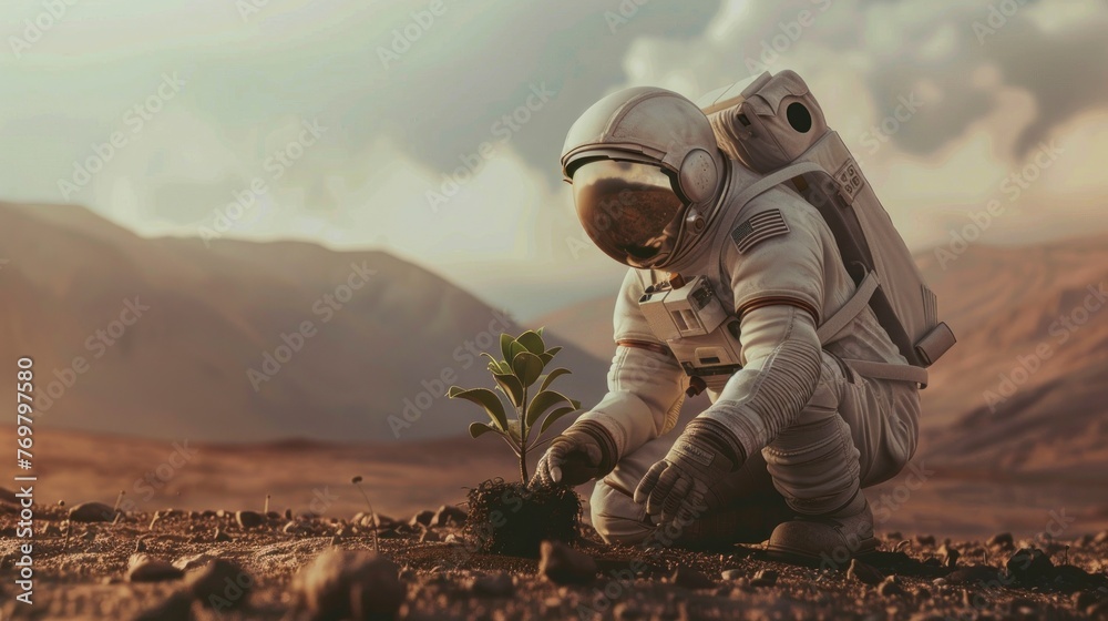 astronaut planting a tree on Mars during the day in high resolution and high quality. concept plants, astronaut astronaut planting a tree on Mars during the day in high resolution and high quality. concept plants, astronaut
