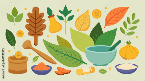  A collection of ayurvedic herbs including ashwagandha and turmeric chosen for their healing properties and often used in conjunction with