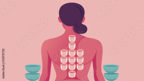  A womans back is shown with several small glass cups strategically p along her spine. The cups are attached to her skin with suction leaving