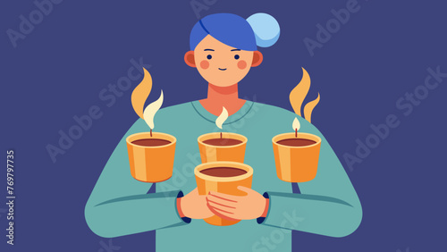  A the is shown holding a set of bamboo cups with a small heat source underneath. The the carefully moves the cups along the clients skin