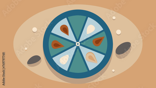  A detailed shot of a medicine wheel crafted out of sand on a beach with shells and pebbles creating the different sections. The shifting sands