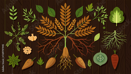  A collection of dried herbs and roots arranged in intricate patterns on a wooden surface. Each ingredient is carefully chosen and symbolizes the