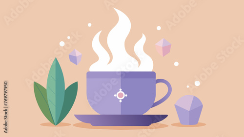  A cup of steaming chamomile tea p next to a set of Reikiinfused healing crystals. The steam rising from the cup creates a dreamy and calming