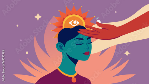  A hand gently hovering over a persons forehead channeling healing energy to the third eye chakra.