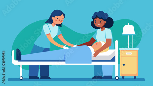  A patient lying on a hospital bed with a peaceful expression as a nurse gently places her hands on a specific area of the patients body.