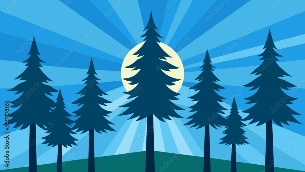 Fototapeta premium A group of pine trees stands tall and majestic against a clear blue sky. The suns rays filter through the branches creating a warm and welcoming