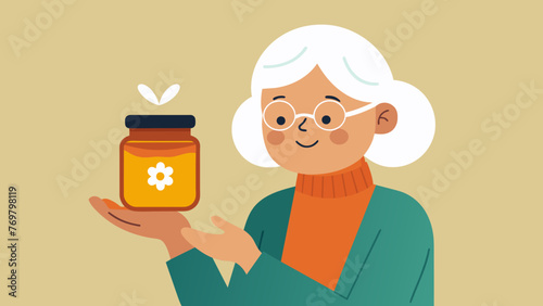  An old womans hand holding a jar of honey and a s emphasizing the role of honey in traditional medicine for its antibacterial and soothing