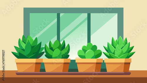  A of vibrant green succulents their plump leaves bursting with life sit on a wooden windowsill against a backdrop of soft filtered sunlight.