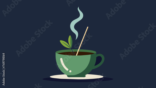  A cup of steaming herbal tea with the steam spiraling up and surrounding a small stick of burning incense representing the healing and purifying