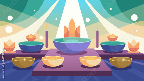  A of crystal singing bowls of varying sizes and colors are carefully p on a cloth their ethereal tones adding to the healing energy of the