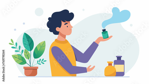  A person holding a small bottle of essential oil with a diffuser in the background misting a relaxing scent into the air.