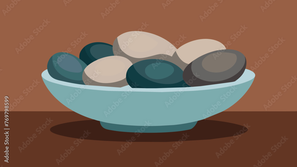 A bowl of smooth river stones sits on a wooden surface each one carefully selected for its healing properties. Some are smooth and round while A bowl of smooth river stones sits on a wooden surface each one carefully selected for its healing properties. Some are smooth and round while