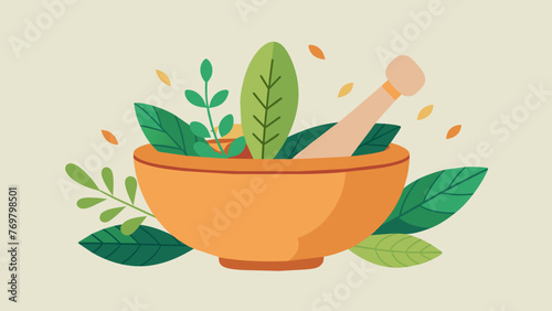  A traditional medicine bowl filled with fragrant herbs and es being gently stirred with a wooden pestle. The aroma evokes a sense of ancient