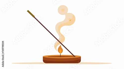  A close up of a wooden incense holder with a stick of fragrant incense burning and emanating smoke. The image invokes a sense of traditional