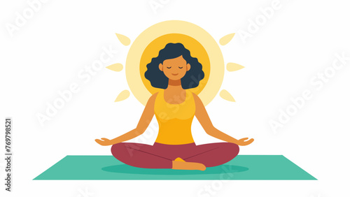  A woman sitting crosslegged on a mat with her arms extended outwards and her face tilted towards the sun. The image captures the essence of sun