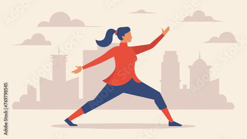  A woman practices Tai Chi in a bustling city square seemingly unaffected by the noise and chaos around her as she connects with her inner