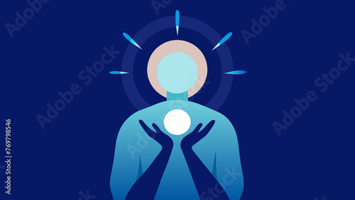  A person holds a small ball of light between their hands using visualization techniques to harness and manipulate the force of Qi for healing