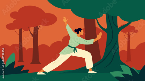  A persons hand touching a tree trunk connecting with nature as they perform Tai Chi moves amidst a peaceful forest setting.