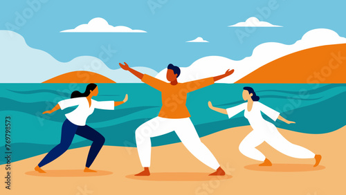  A group of friends practice Tai Chi together on a beach the sound of crashing waves adding a soothing element to their flowing movements.