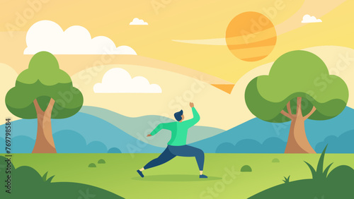  The tranquil landscape of a park or nature setting with a lone figure practicing Tai Chi in the early morning connecting with the healing