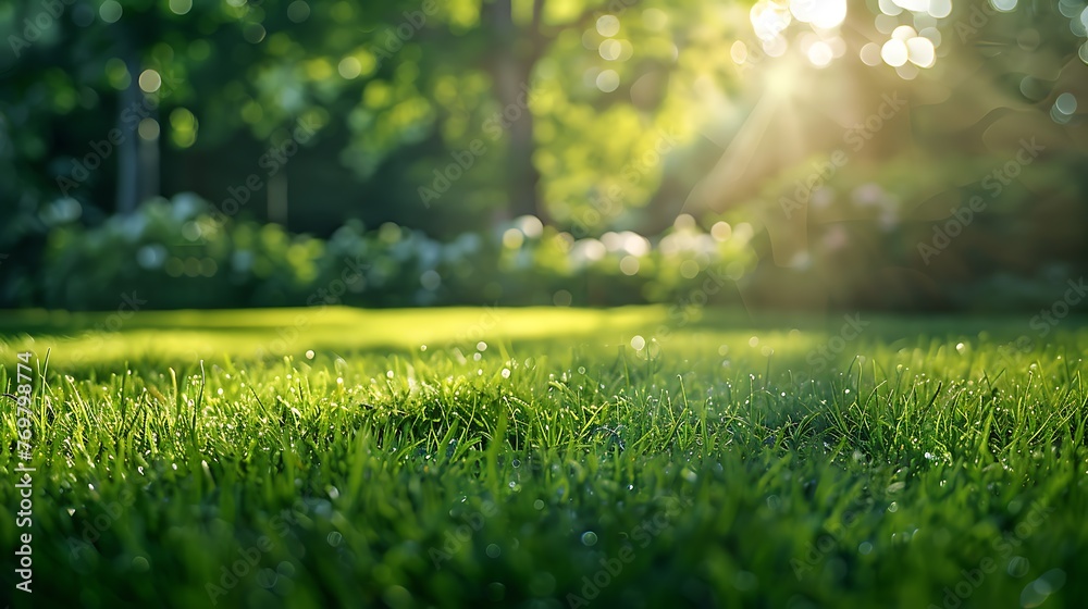 Green grass lawn with sun shining through the trees in the background Green grass lawn with sun shining through the trees in the background
