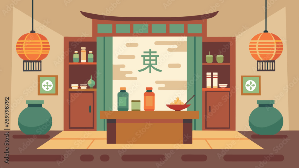  A calming zenlike view of the interior of a traditional Chinese medicine clinic with herbal jars acupuncture tools and soothing artwork - obrazy, fototapety, plakaty 