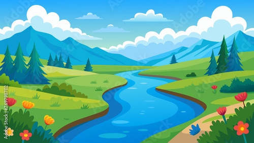  A winding river its calm waters reflecting the clear blue sky above. The treelined banks are alive with vibrant wildflowers creating a serene