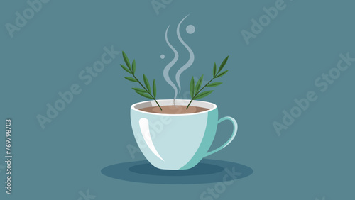  A delicate steam rising from a steaming cup of herbal tea garnished with a sprig of rosemary.