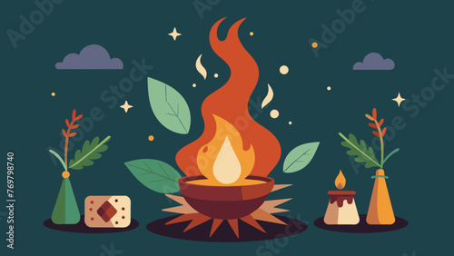  A photograph showcasing a traditional healing ritual with a fire burning and herbal smoke filling the air.