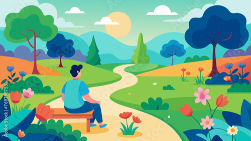  A peaceful garden filled with vibrant flowers winding paths and tranquil water features. A person is seen taking a rest on a bench surrounded