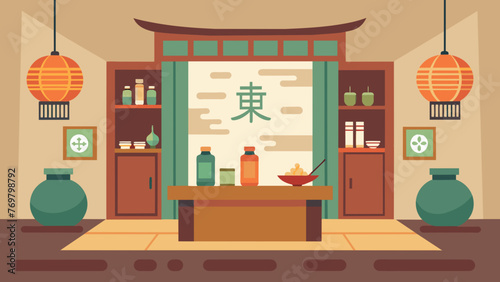  A calming zenlike view of the interior of a traditional Chinese medicine clinic with herbal jars acupuncture tools and soothing artwork photo