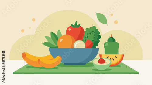  A bowl of fresh fruits and vegetables is p next to a yoga mat emphasizing the importance of nutrition and overall wellness in holistic healing.